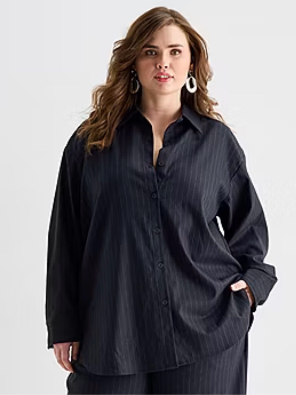 NWT Ashley Graham Navy Pinstripe Oversized Button Down Shirt